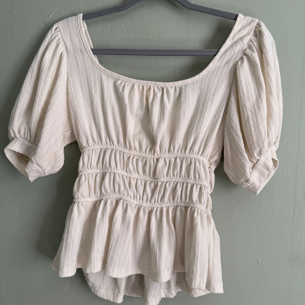 Maeve Anthropologie Ivory Smocked Peplum Puff Sleeve Blouse Top Cottage Boho XS - Picture 3 of 8
